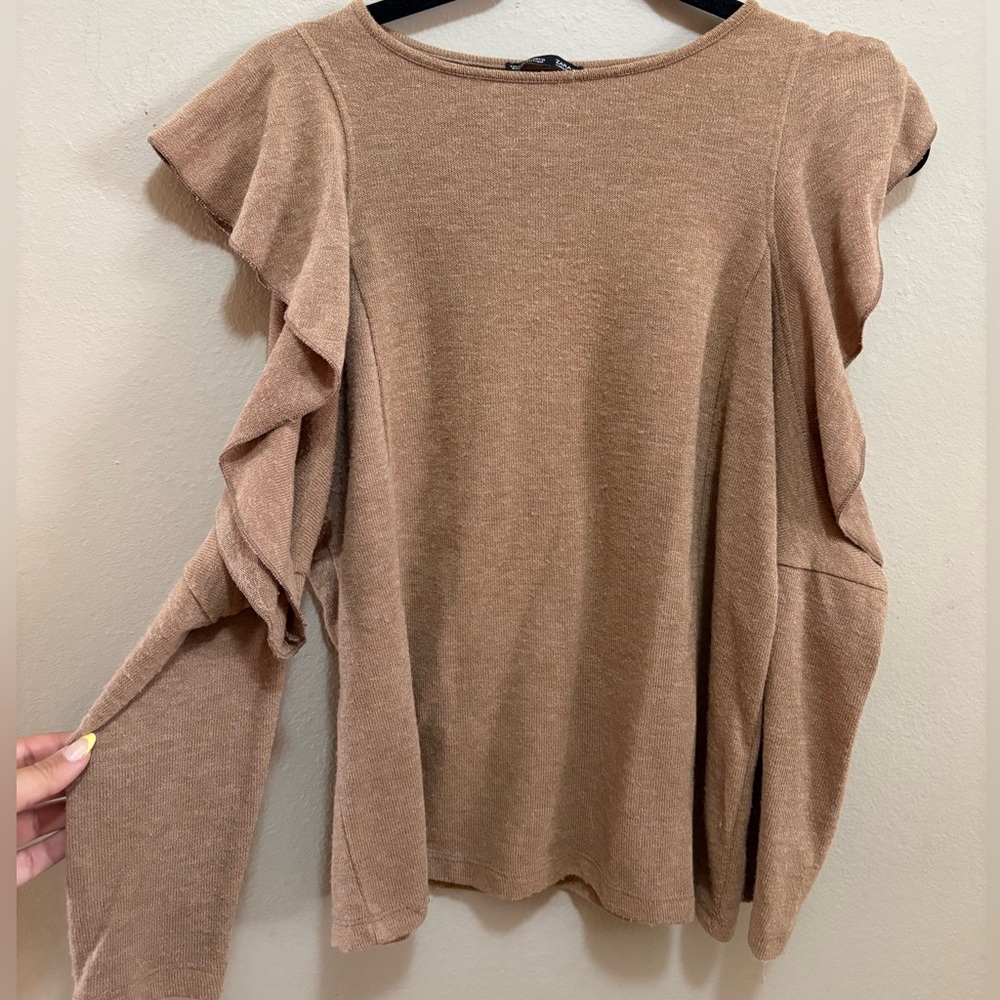 Zara Tan Ruffled Cap Sleeve Blouse
